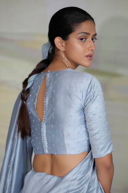 Shop_Deep Thee_Blue Silk Boti Work, Round Hand Embroidered Saree With Blouse _at_Aza_Fashions