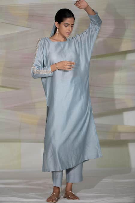 Shop Deep Thee Blue Chanderi Moti Phool Patti Round Full Sleeve Kurta And Pant Set at Aza Fashions Shop_Deep Thee_Blue Chanderi Moti Phool Patti Round Full Sleeve Kurta And Pant Set _at_Aza_Fashions