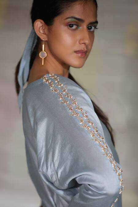 Deep Thee Blue Chanderi Moti Phool Patti Round Full Sleeve Kurta And Pant Set Online at Aza Fashions Deep Thee_Blue Chanderi Moti Phool Patti Round Full Sleeve Kurta And Pant Set _Online_at_Aza_Fashions