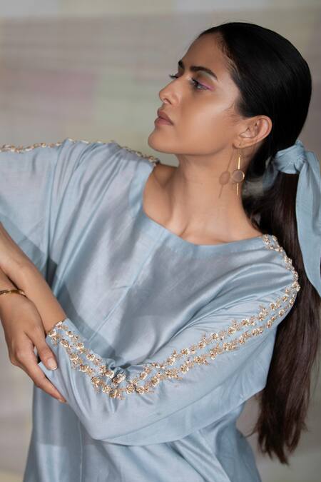Buy Deep Thee Blue Chanderi Moti Phool Patti Round Full Sleeve Kurta And Pant Set Online at Aza Fashions Buy_Deep Thee_Blue Chanderi Moti Phool Patti Round Full Sleeve Kurta And Pant Set _Online_at_Aza_Fashions