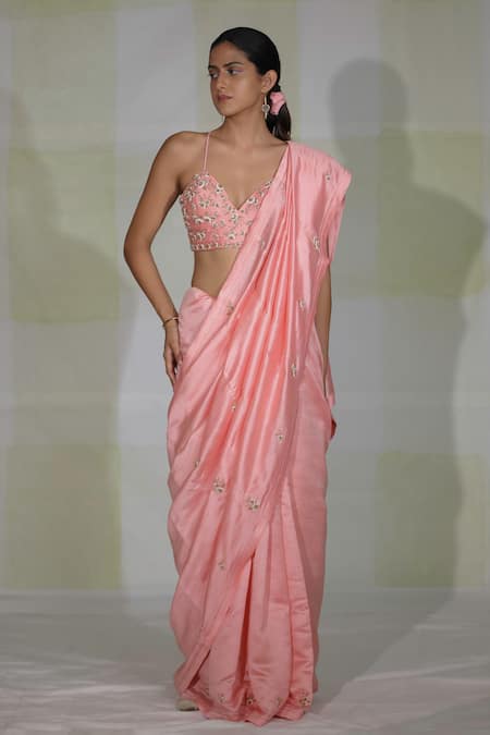 Deep Thee_Pink Silk Floral Motifs V Neck Hand Embroidered Saree With Blouse _Online_at_Aza_Fashions