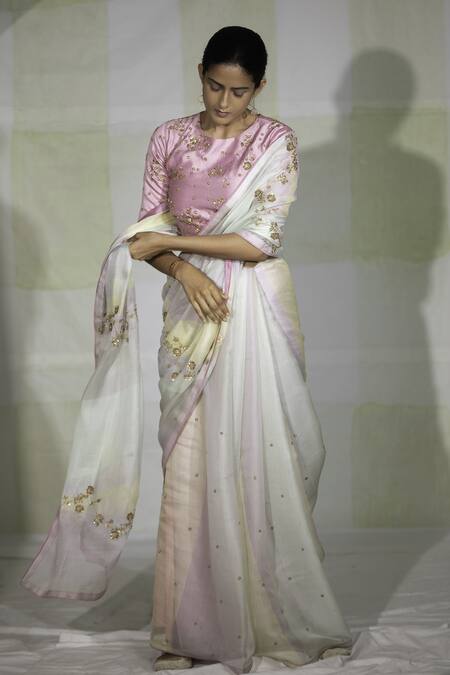 Deep Thee_Multi Color Hand Woven Silk Floral Motifs Round Embroidered Saree With Blouse _Online_at_Aza_Fashions