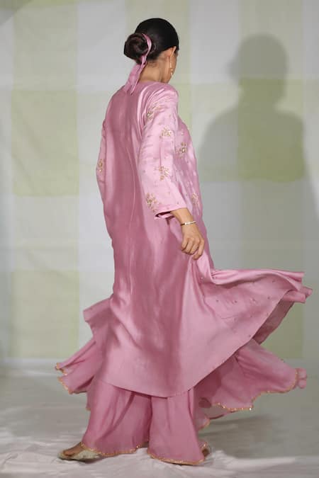 Shop_Deep Thee_Pink Hand Woven, Silk Chanderi Floral Motifs V Embroidered Kurta Sharara Set _at_Aza_Fashions