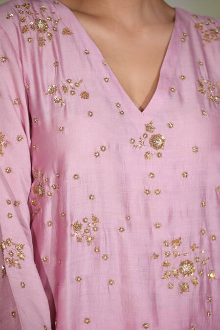 Buy_Deep Thee_Pink Hand Woven, Silk Chanderi Floral Motifs V Embroidered Kurta Sharara Set _Online_at_Aza_Fashions