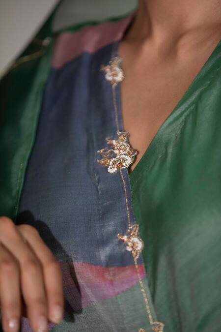 Shop_Deep Thee_Multi Color Organza, Hand Woven Abstract Motifs V Neck Asymmetric Kurta Set_Online_at_Aza_Fashions