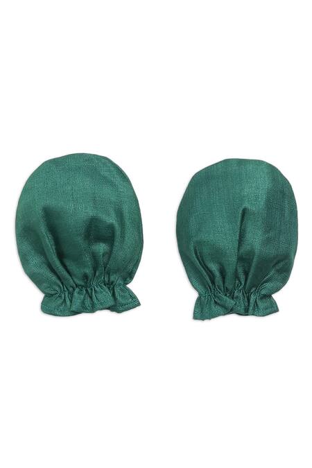 Tiber Taber_Green , Viscose, Organza Embroidery Cap Mittens And Booties Set_Online_at_Aza_Fashions