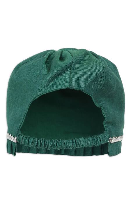 Tiber Taber_Green , Viscose, Organza Embroidery Cap Mittens And Booties Set_at_Aza_Fashions