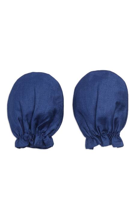 Tiber Taber_Blue Silk, Viscose Lace Embroidered Cap Mittens And Booties Set_Online_at_Aza_Fashions