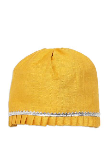 Buy_Tiber Taber_Yellow Silk Organza, Silk, Viscose Lace Embroidered Cap And Booties Set_Online_at_Aza_Fashions