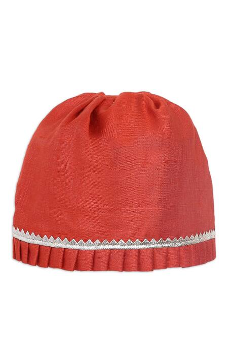 Tiber Taber_Red Silk, Viscose Embroidery Cap Mittens And Booties Set_Online_at_Aza_Fashions