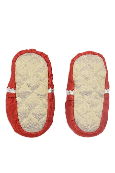 Shop_Tiber Taber_Red Silk, Viscose Embroidery Cap Mittens And Booties Set_Online_at_Aza_Fashions