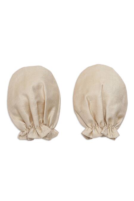 Tiber Taber_Beige , Viscose, Organza Embroidery Cap Mittens And Booties Set_Online_at_Aza_Fashions
