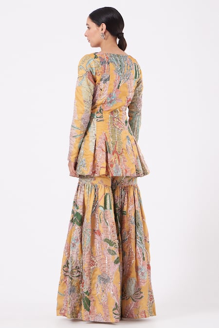 Shop Aisha Rao Yellow Indian Organza And Tulle Cutdana & Sequin, Pastiche Print Kurta Sharara Set at Aza Fashions Shop_Aisha Rao_Yellow Indian Organza And Tulle Cutdana & Sequin, Pastiche Print Kurta Sharara Set _at_Aza_Fashions