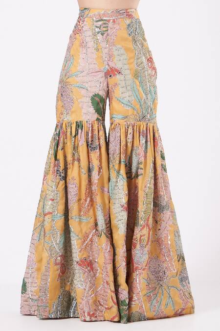 Buy Aisha Rao Yellow Indian Organza And Tulle Cutdana & Sequin, Pastiche Print Kurta Sharara Set Online at Aza Fashions Buy_Aisha Rao_Yellow Indian Organza And Tulle Cutdana & Sequin, Pastiche Print Kurta Sharara Set _Online_at_Aza_Fashions