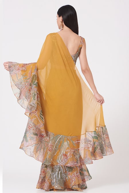Shop Aisha Rao Yellow Indian Organza And Georgette Cutdana & Sequin, Ruffle Saree With Blouse at Aza Fashions Shop_Aisha Rao_Yellow Indian Organza And Georgette Cutdana & Sequin, Ruffle Saree With Blouse _at_Aza_Fashions