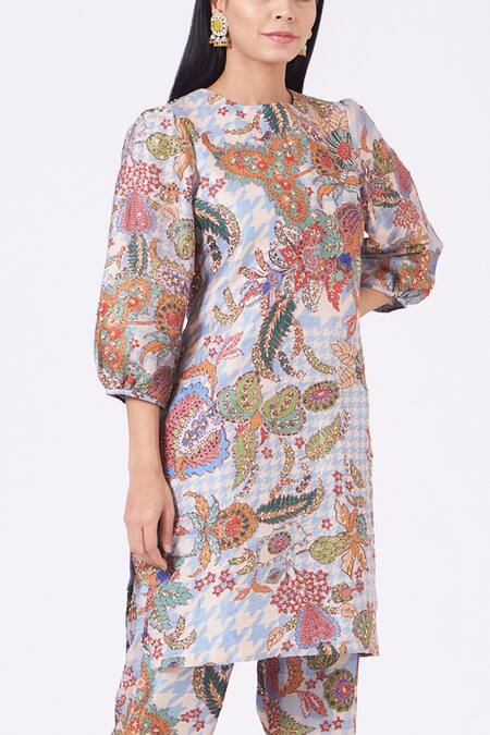 Aisha Rao_Blue Indian Organza Floral Print, Pearl And Sequin Round Juna Kurta & Pant Set _Online_at_Aza_Fashions