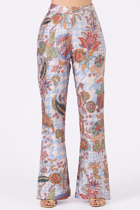 Buy_Aisha Rao_Blue Indian Organza Floral Print, Pearl And Sequin Round Juna Kurta & Pant Set _Online_at_Aza_Fashions