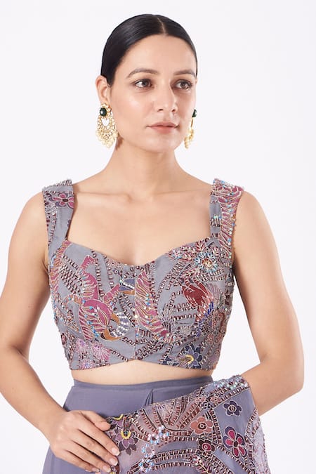 Aisha Rao_Grey Indian Organza And Georgette Cutdana & Sequin, Paper Ruffle Saree With Blouse _Online_at_Aza_Fashions