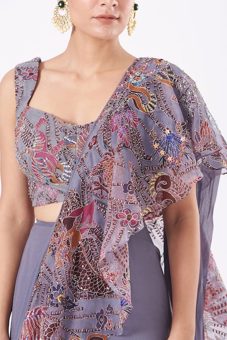 Buy_Aisha Rao_Grey Indian Organza And Georgette Cutdana & Sequin, Paper Ruffle Saree With Blouse _Online_at_Aza_Fashions