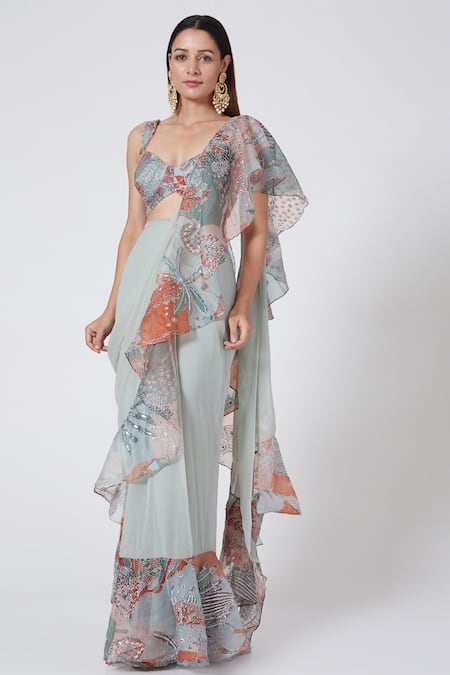 Aisha Rao Blue Indian Organza And Georgette Print & Ruffle Saree With Blouse  