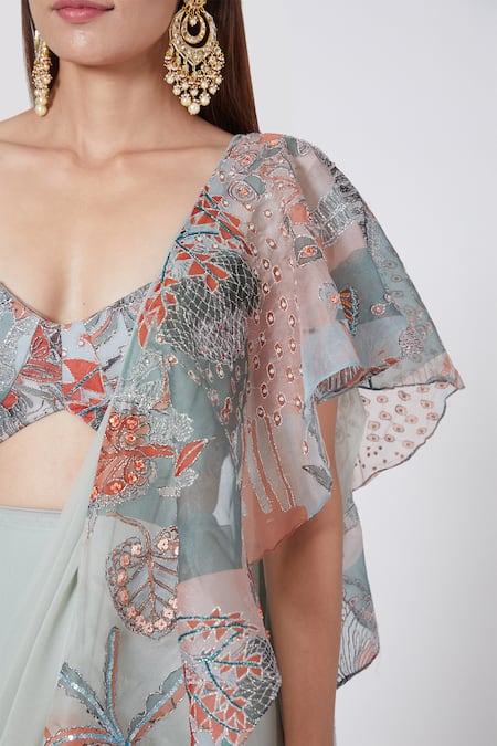 Aisha Rao_Blue Indian Organza And Georgette Cutdana & Sequin, Ruffle Saree With Blouse _Online_at_Aza_Fashions