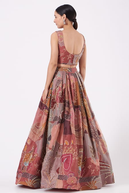 Shop_Aisha Rao_Peach Indian Organza And Tulle Cutdana & Sequin, Paper Doll Print V Lehenga Set _at_Aza_Fashions