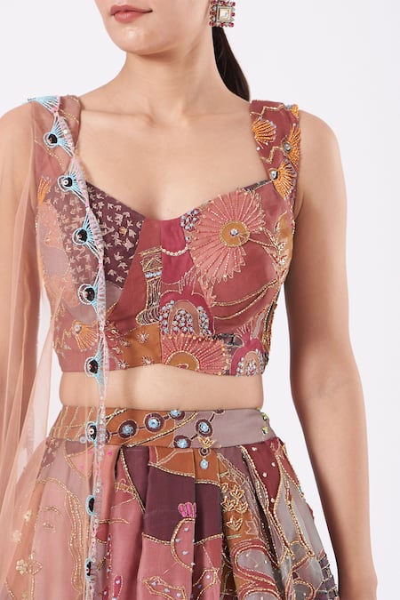 Aisha Rao_Peach Indian Organza And Tulle Cutdana & Sequin, Paper Doll Print V Lehenga Set _Online_at_Aza_Fashions