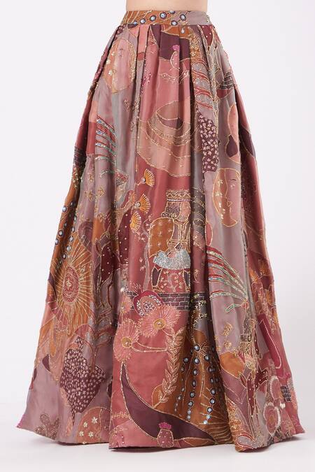 Buy_Aisha Rao_Peach Indian Organza And Tulle Cutdana & Sequin, Paper Doll Print V Lehenga Set _Online_at_Aza_Fashions