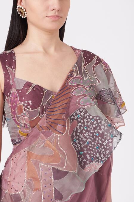 Buy_Aisha Rao_Peach Indian Organza And Georgette Cutdana & Sequin, Ruffle Saree With Blouse _Online_at_Aza_Fashions