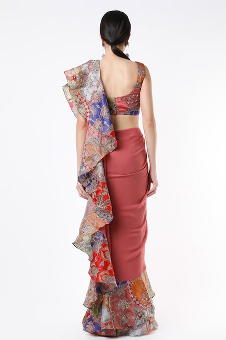 Shop Aisha Rao Peach Indian Organza And Georgette Cutdana & Ruffle Saree With Embellished Blouse at Aza Fashions Shop_Aisha Rao_Peach Indian Organza And Georgette Cutdana & Ruffle Saree With Embellished Blouse _at_Aza_Fashions
