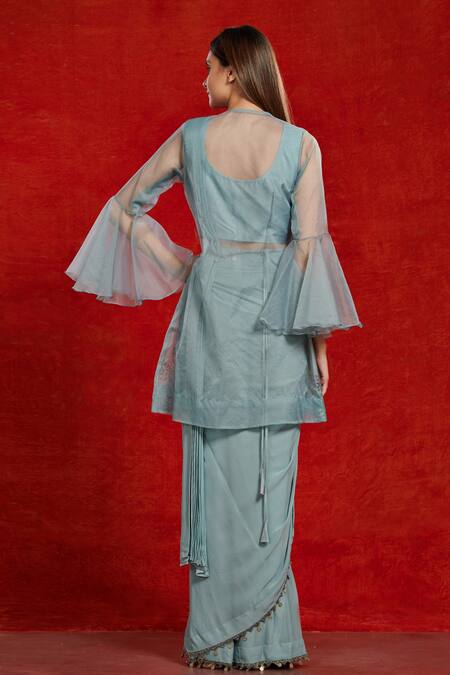 Shop_Onaya_Blue Georgette Embroidered Floral Motifs Blouse Pre-draped Saree With And Jacket_at_Aza_Fashions