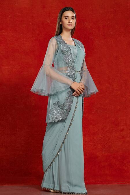 Onaya_Blue Georgette Embroidered Floral Motifs Blouse Pre-draped Saree With And Jacket_Online_at_Aza_Fashions