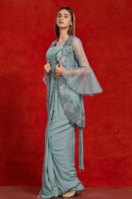 Buy_Onaya_Blue Georgette Embroidered Floral Motifs Blouse Pre-draped Saree With And Jacket_Online_at_Aza_Fashions