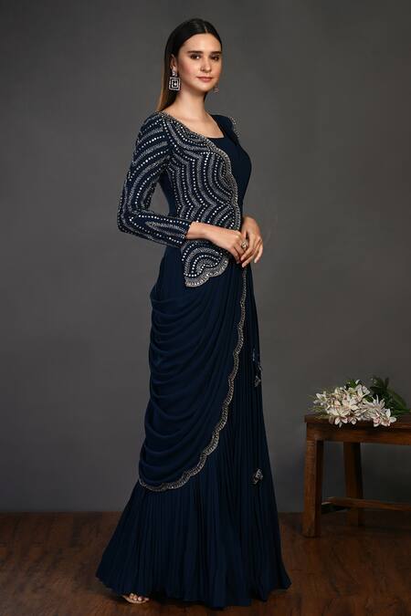 Onaya_Blue Georgette Floral Motifs Round Draped Palazzo Saree With Blouse_Online_at_Aza_Fashions