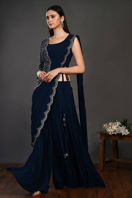Buy_Onaya_Blue Georgette Floral Motifs Round Draped Palazzo Saree With Blouse_Online_at_Aza_Fashions