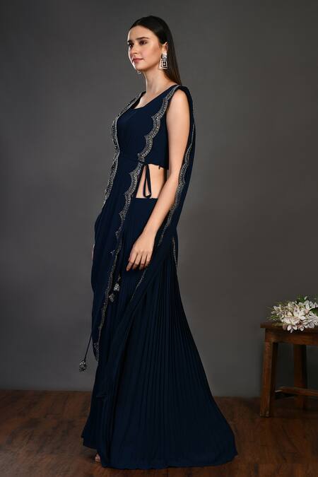 Shop_Onaya_Blue Georgette Floral Motifs Round Draped Palazzo Saree With Blouse_Online_at_Aza_Fashions