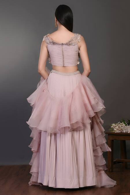 Shop Onaya Pink Organza Floral Motifs Cutwork Pleated Lehenga Set With Ruffle Dupatta at Aza Fashions Shop_Onaya_Pink Organza Floral Motifs Cutwork Pleated Lehenga Set With Ruffle Dupatta_at_Aza_Fashions