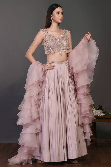 Onaya Pink Organza Floral Motifs Cutwork Pleated Lehenga Set With Ruffle Dupatta Online at Aza Fashions Onaya_Pink Organza Floral Motifs Cutwork Pleated Lehenga Set With Ruffle Dupatta_Online_at_Aza_Fashions
