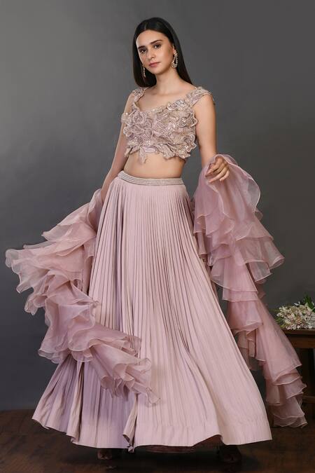 Buy Onaya Pink Organza Floral Motifs Cutwork Pleated Lehenga Set With Ruffle Dupatta Online at Aza Fashions Buy_Onaya_Pink Organza Floral Motifs Cutwork Pleated Lehenga Set With Ruffle Dupatta_Online_at_Aza_Fashions