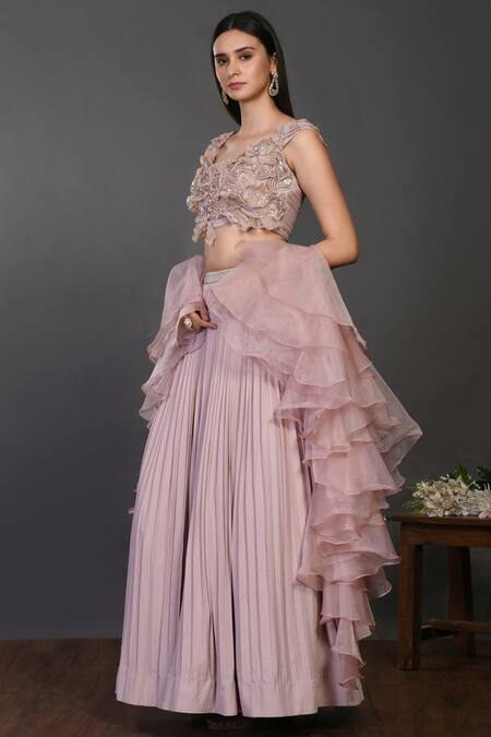Shop Onaya Pink Organza Floral Motifs Cutwork Pleated Lehenga Set With Ruffle Dupatta Online at Aza Fashions Shop_Onaya_Pink Organza Floral Motifs Cutwork Pleated Lehenga Set With Ruffle Dupatta_Online_at_Aza_Fashions