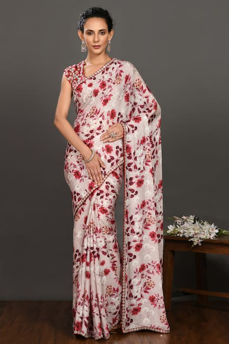 Onaya Chikankari Floral Print Saree With Blouse 