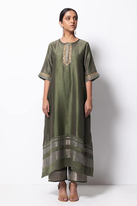 Buy_Bhavik Shah_Green Dupatta , Kurta Handwoven , Pant Cotton Set _Online_at_Aza_Fashions