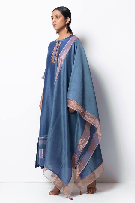 Shop Bhavik Shah Blue Kurta Handwoven Chanderi Stole Chanderi Pant Cotton Set Online at Aza Fashions Shop_Bhavik Shah_Blue Kurta Handwoven Chanderi Stole Chanderi Pant Cotton Set _Online_at_Aza_Fashions