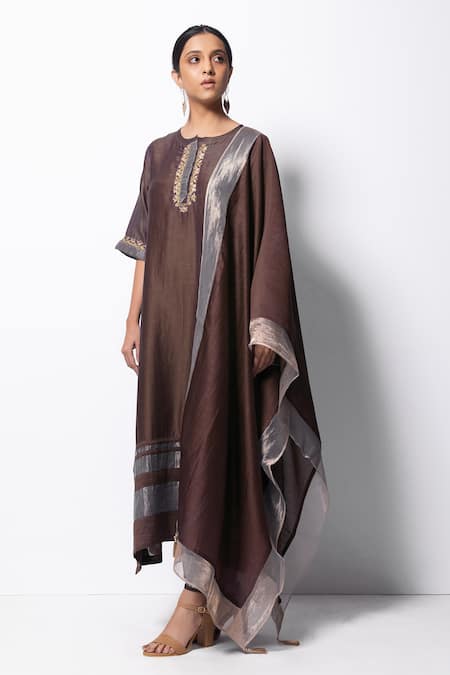 Bhavik Shah Brown Kurta Handwoven Chanderi  Stole Chanderi Pant Cotton Set 