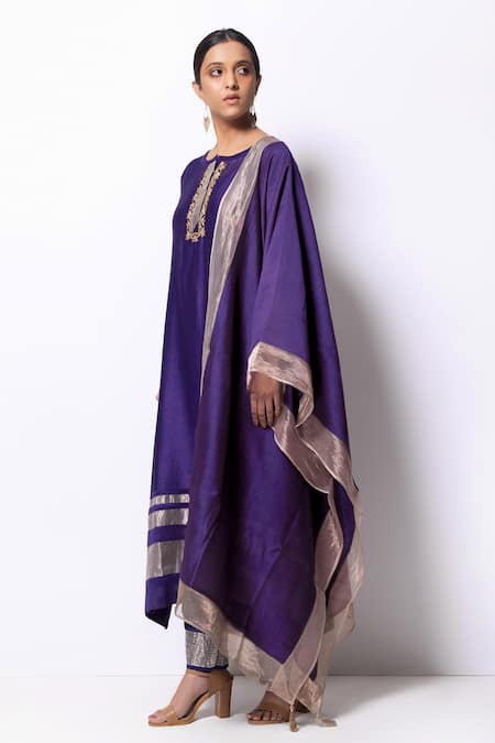 Shop Bhavik Shah Purple Kurta Handwoven Chanderi Stole Chanderi Pant Cotton Set Online at Aza Fashions Shop_Bhavik Shah_Purple Kurta Handwoven Chanderi Stole Chanderi Pant Cotton Set _Online_at_Aza_Fashions