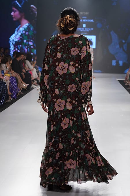 Shop PS Pret By Payal Singhal Brown Georgette Abutilon Print, Thread And Cutdana Notched Amineh Tiered Gown at Aza Fashions Shop_PS Pret By Payal Singhal_Brown Georgette Abutilon Print, Thread And Cutdana Notched Amineh Tiered Gown _at_Aza_Fashions