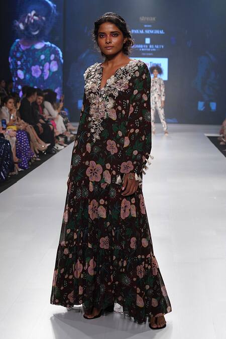 PS Pret By Payal Singhal Brown Georgette Abutilon Print, Thread And Cutdana Notched Amineh Tiered Gown Online at Aza Fashions PS Pret By Payal Singhal_Brown Georgette Abutilon Print, Thread And Cutdana Notched Amineh Tiered Gown _Online_at_Aza_Fashions