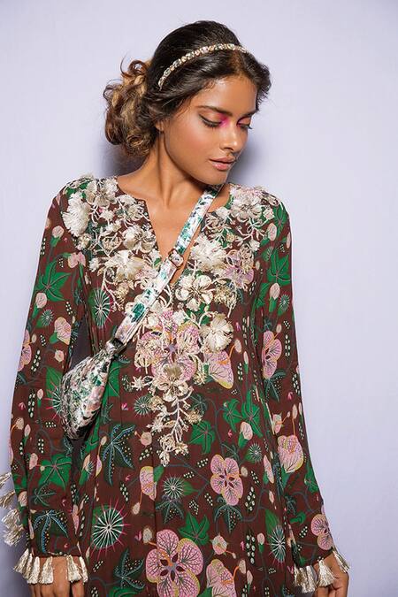 Shop PS Pret By Payal Singhal Brown Georgette Abutilon Print, Thread And Cutdana Notched Amineh Tiered Gown Online at Aza Fashions Shop_PS Pret By Payal Singhal_Brown Georgette Abutilon Print, Thread And Cutdana Notched Amineh Tiered Gown _Online_at_Aza_Fashions