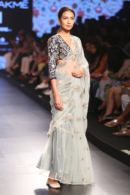 Payal Singhal_Blue Dupion Silk And Tulle Embroidery Hibiscus Sita Frill Saree With Blouse _Online_at_Aza_Fashions
