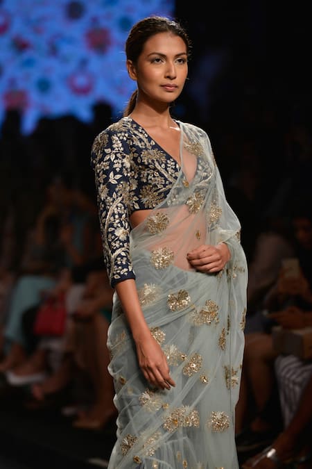 Buy_Payal Singhal_Blue Dupion Silk And Tulle Embroidery Hibiscus Sita Frill Saree With Blouse _Online_at_Aza_Fashions